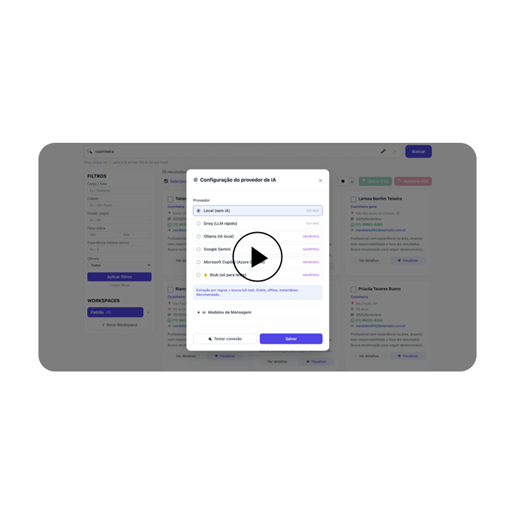 Tela do ResumeFinder exibindo a a configuração do provedor de inteligência artificial