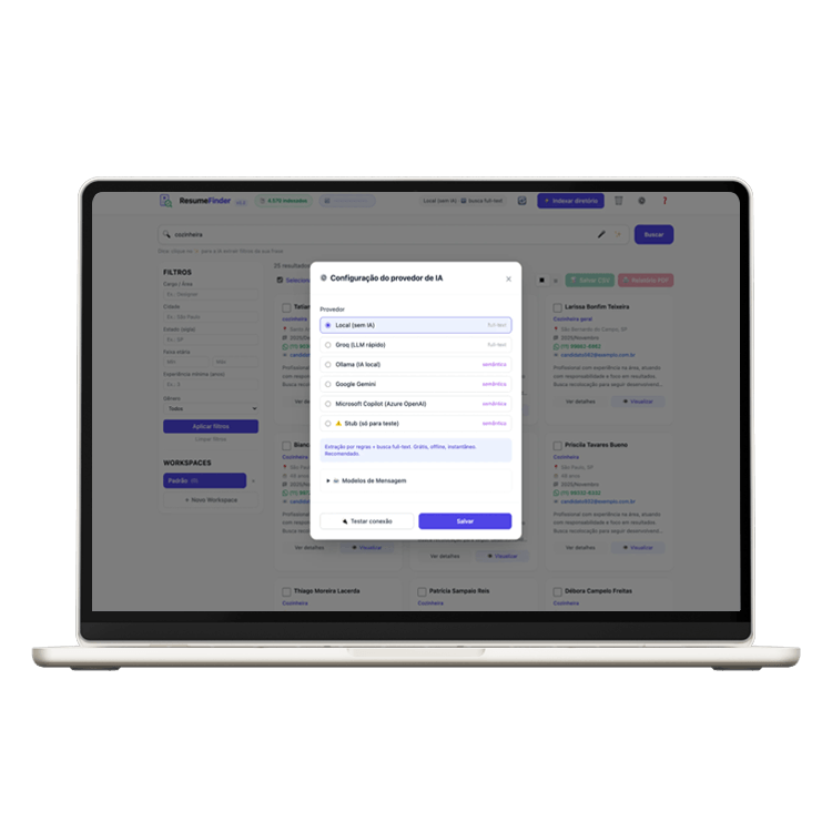 Notebook exibindo a plataforma ResumeFinder